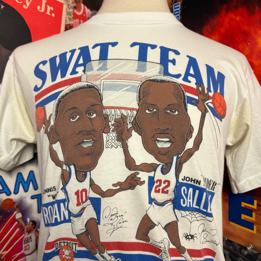 Vintage 80s Detroit Pistons Swat Team Dennis Rodman John Sally T Shirt Sz Medium - Picture 2 of 6